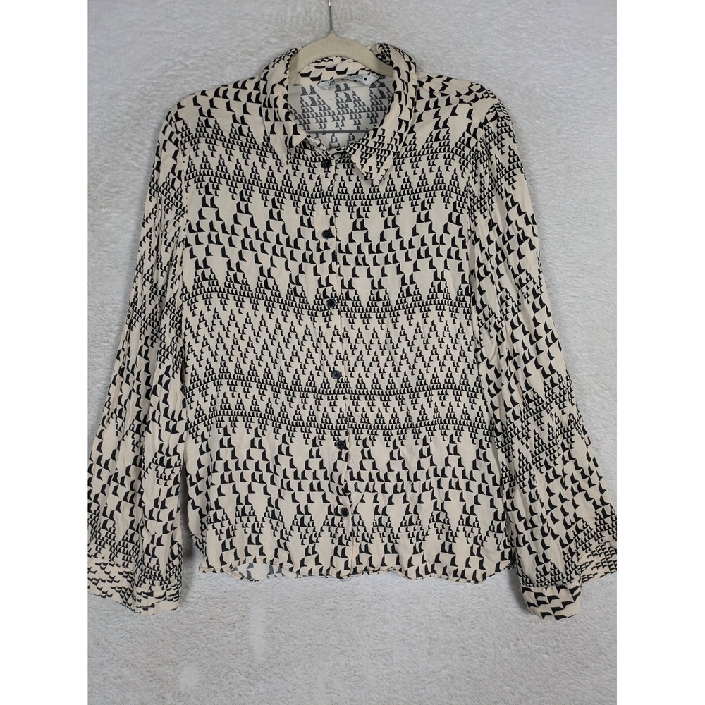 Zara Button Down Shirt Women's Large Cream Black Geometric Long Sleeve Collared